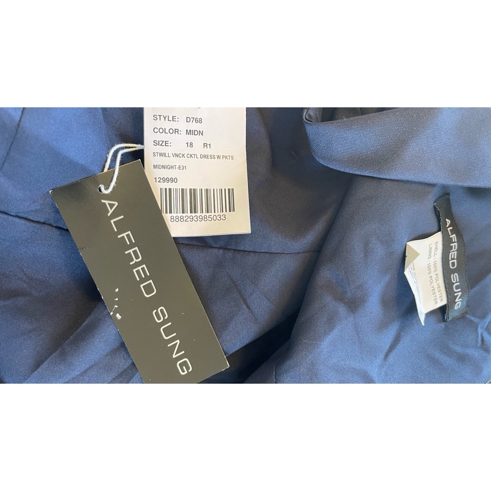 ❤️ NWT! Alfred Sung Navy Plunge Neck Taffeta Satin Cocktail Dress - Picture 8 of 10